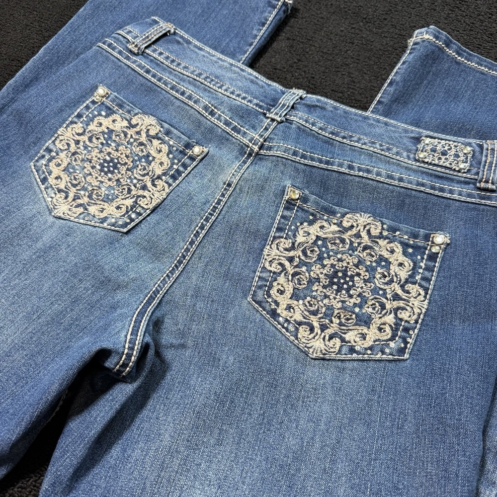 Womens Embroidered Bootcut Jeans 12 Blue Embellished Rhinestone Mid Rise Y2K